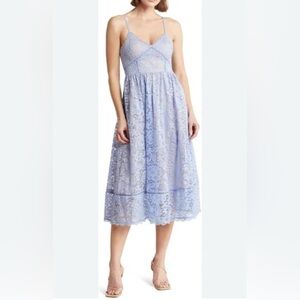 Nordstrom NSR Periwinkle Blue Crochet Fairycore  Lace Satin Lined Midi Dress- LG